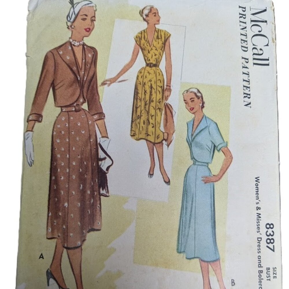 Uncut FF 46/B46 Plus Size Vintage 1950s Sewing Pattern McCall 8387 Dress Bolero